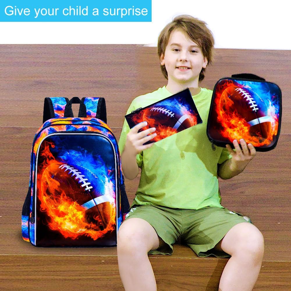 UFNDC 3PCS Kids Rugby Backpack, Boys Fire Bookbag with Lunch Box, 17" Water Resistant School Bag