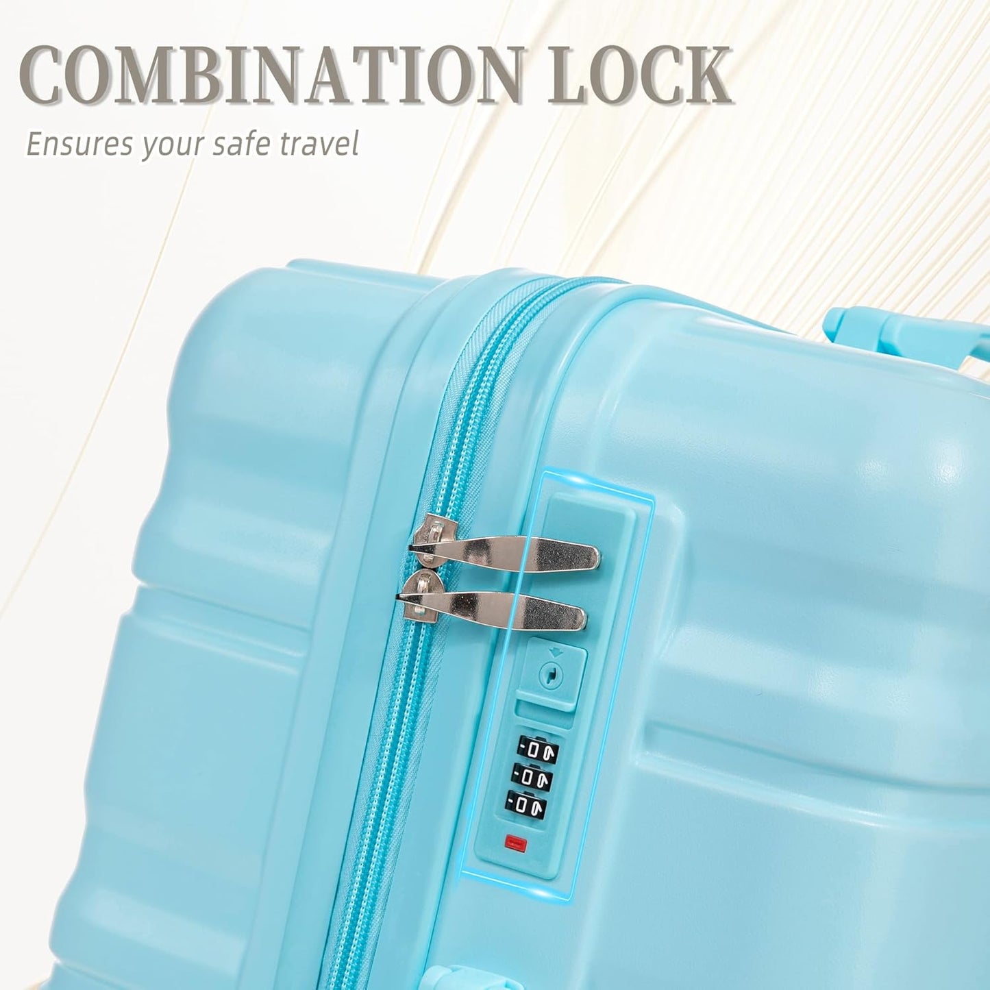 Campfun 3 Piece Luggage Sets, ABS Suitcase Set with Double Spinner Wheels Hang Hook, Durable Carry On Luggage with Combination Lock, 20/24/28 inch, Blue