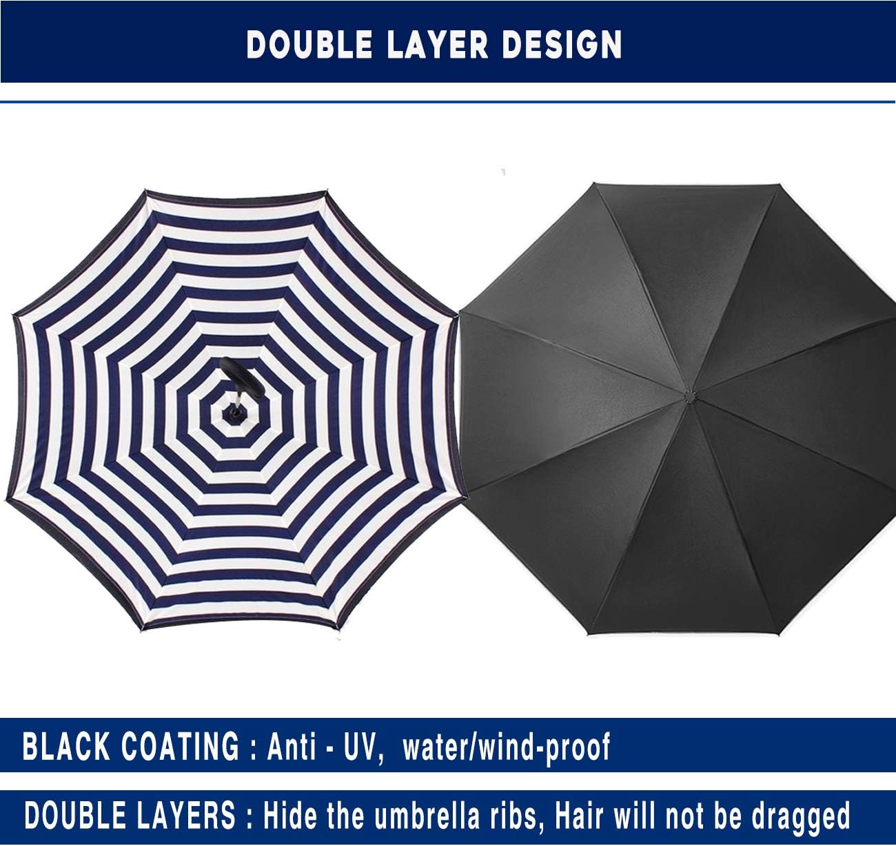SIEPASA 49/56 Inch Inverted Reverse Upside Down Umbrella, Extra Large Double Canopy Vented Windproof Waterproof Stick Golf Umbrellas with C-shape Handle.