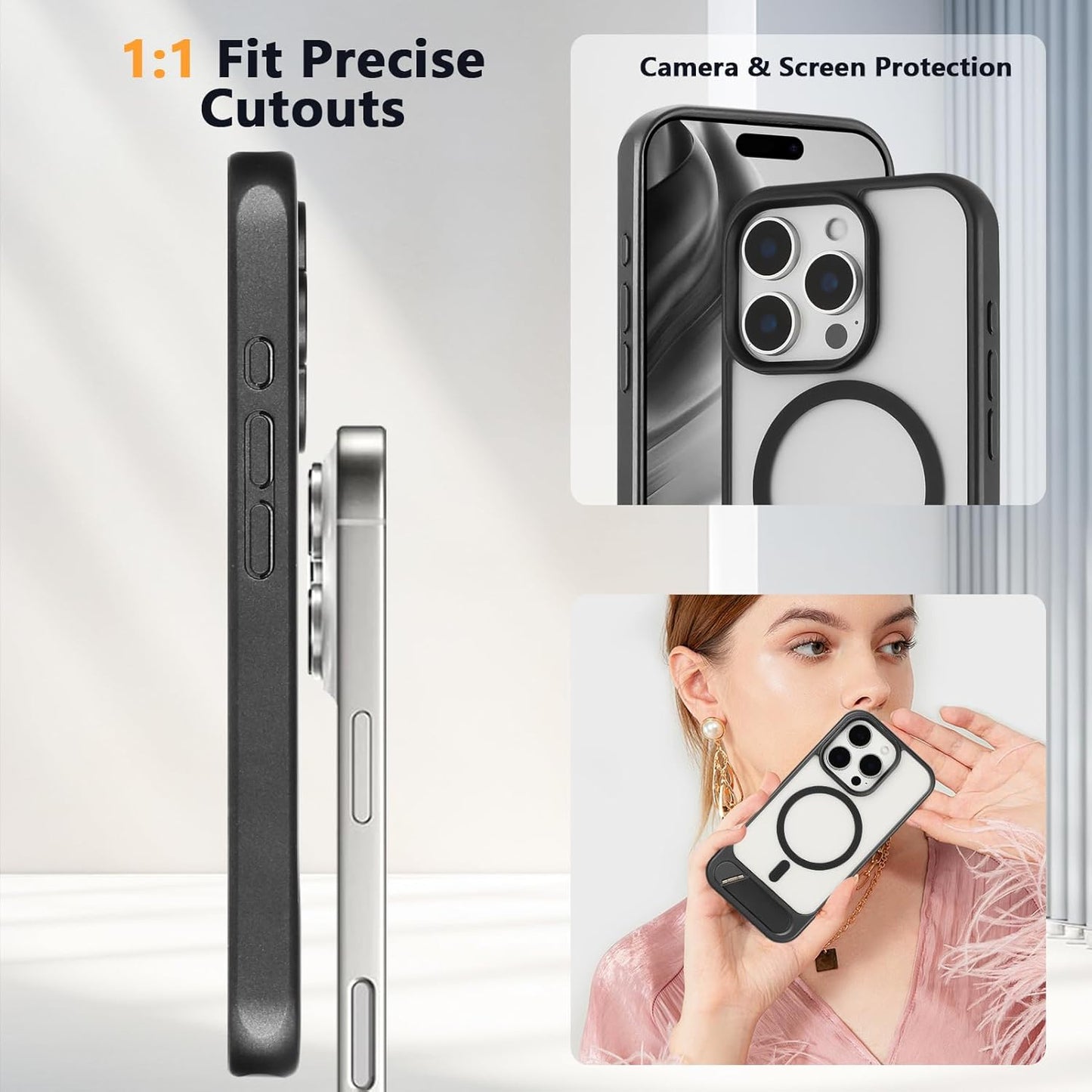 Tikoo Strong Magnetic for iPhone 16 Pro Case with Magsafe and Built-in Invisible Kickstand Slim Translucent Matte Military Grade Protective Phone Case for iPhone 16 Pro 6.3”