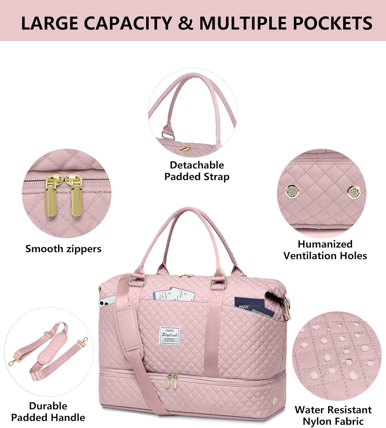 Weekender Duffle Bags for Women - Travel Duffel with Shoe Compartment, Carry On Overnight Bag, Gym