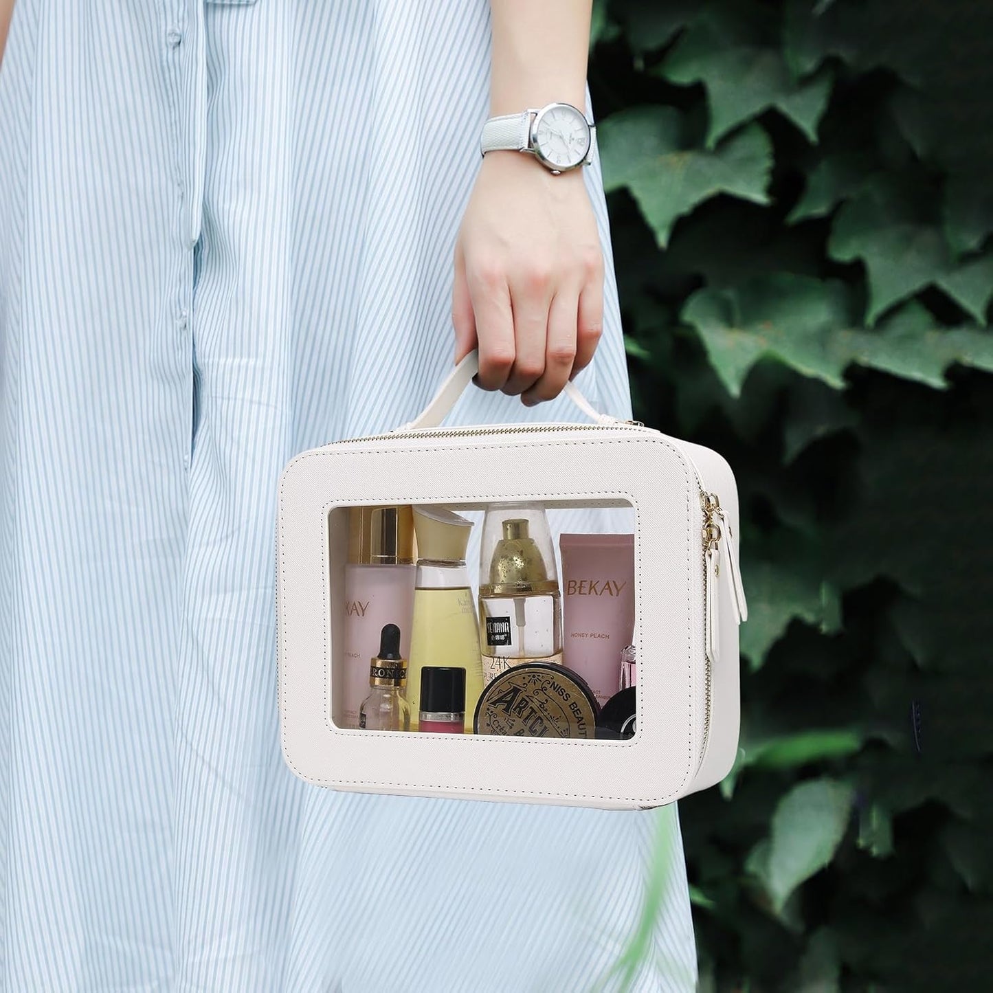 Travel Makeup Set Waterproof Transparent Cosmetic Bag and Toiletry Bag Makeup Brush case with Zipper Car Essentials for Women (White, L+M+SLIM)