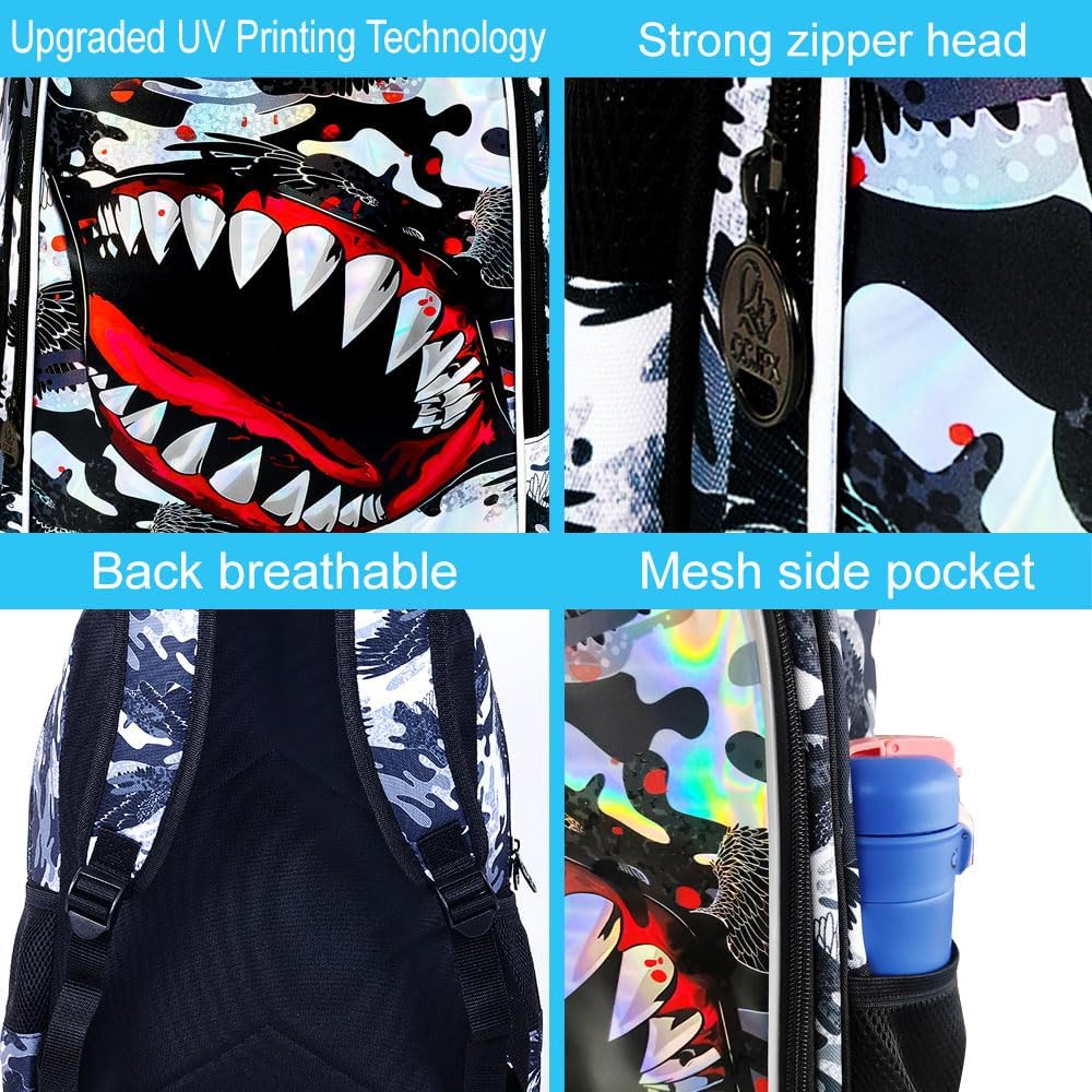 3Pcs Backpack for Boys, 16" Shark Kids Bookbag with Lunch Box, School Backpacks for Elementary Preschool Kindergarten (Black)