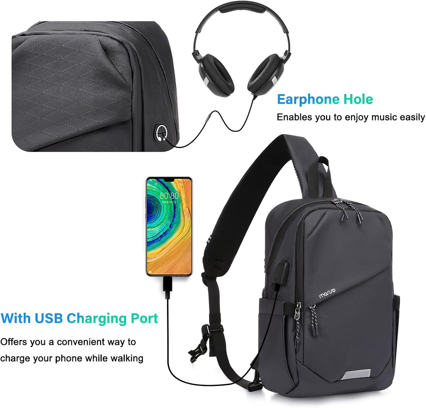 MOSISO Sling Backpack Travel Hiking Daypack,Large Crossbody Sling Bag with USB Charging Port for Men Women 3 Layer Pockets One Shoulder Bag for Outdoor Sports Casual Commuting, Slate Gray