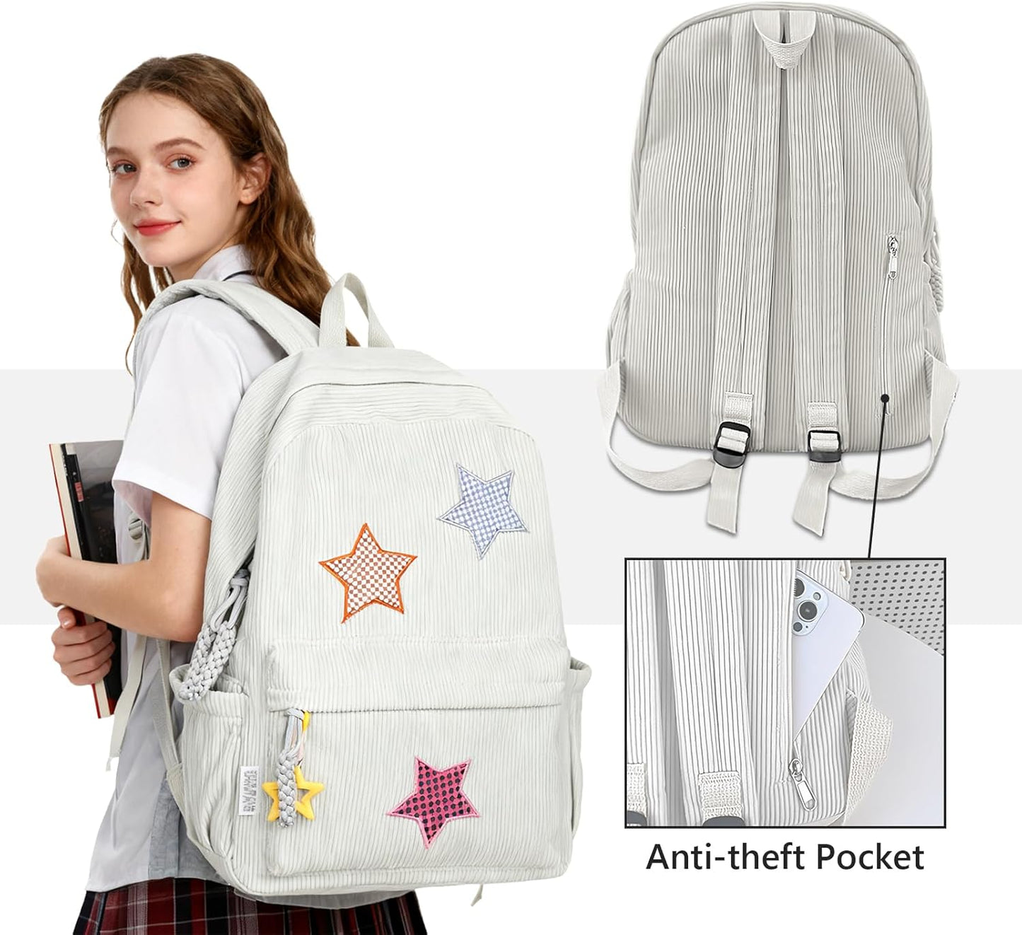 Corduroy Backpack with Star Pattern, Trendy and Versatile, Fits 14'' Laptop Large Capacity Daily Commute (Beige)