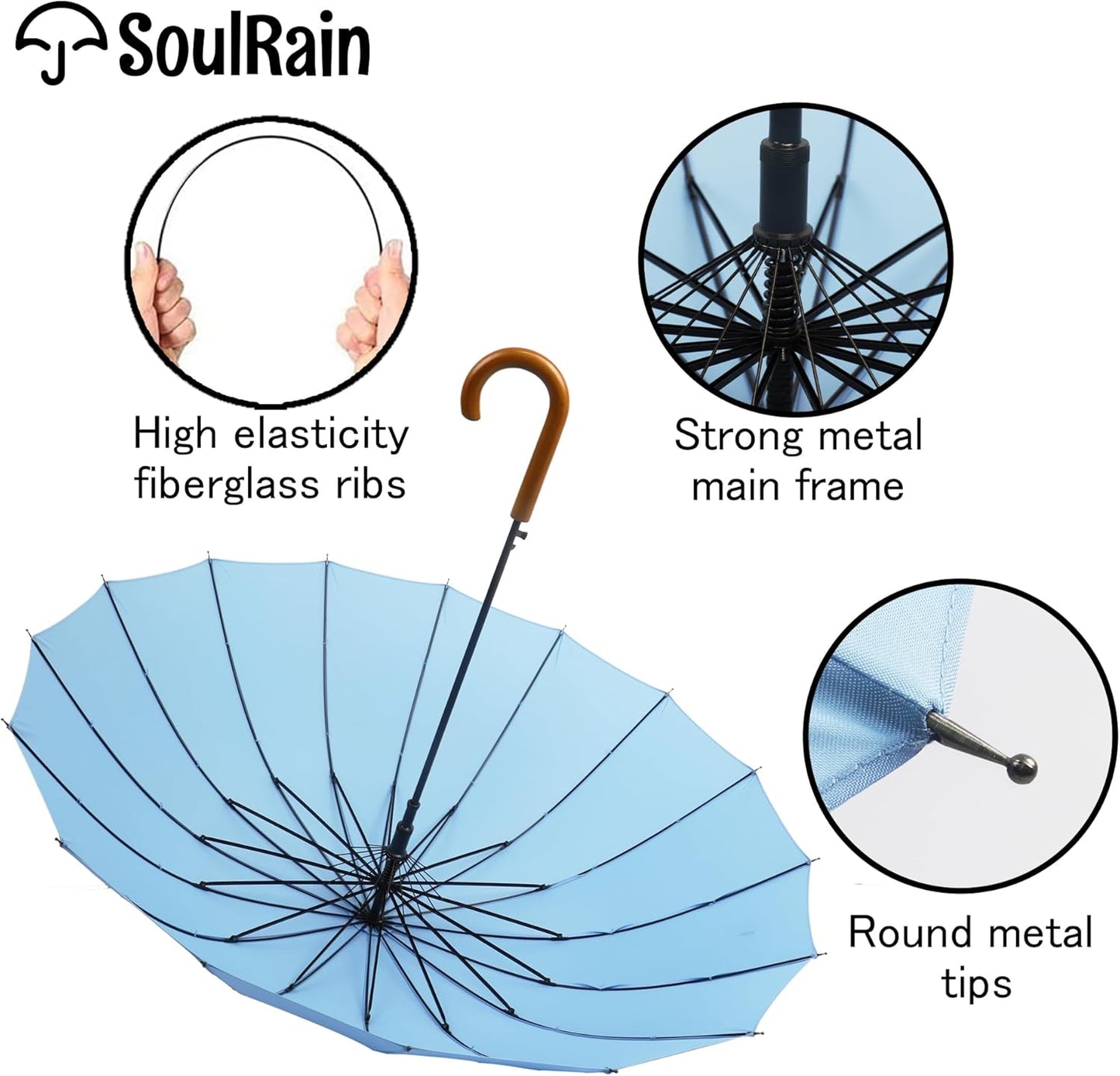 SoulRain 16 Ribs 48" Stick Umbrella Auto Open Solid Color Fashionable and Simple,Arc Classic Wood Handle,Windproof Unbreakable Stick Rain Umbrella