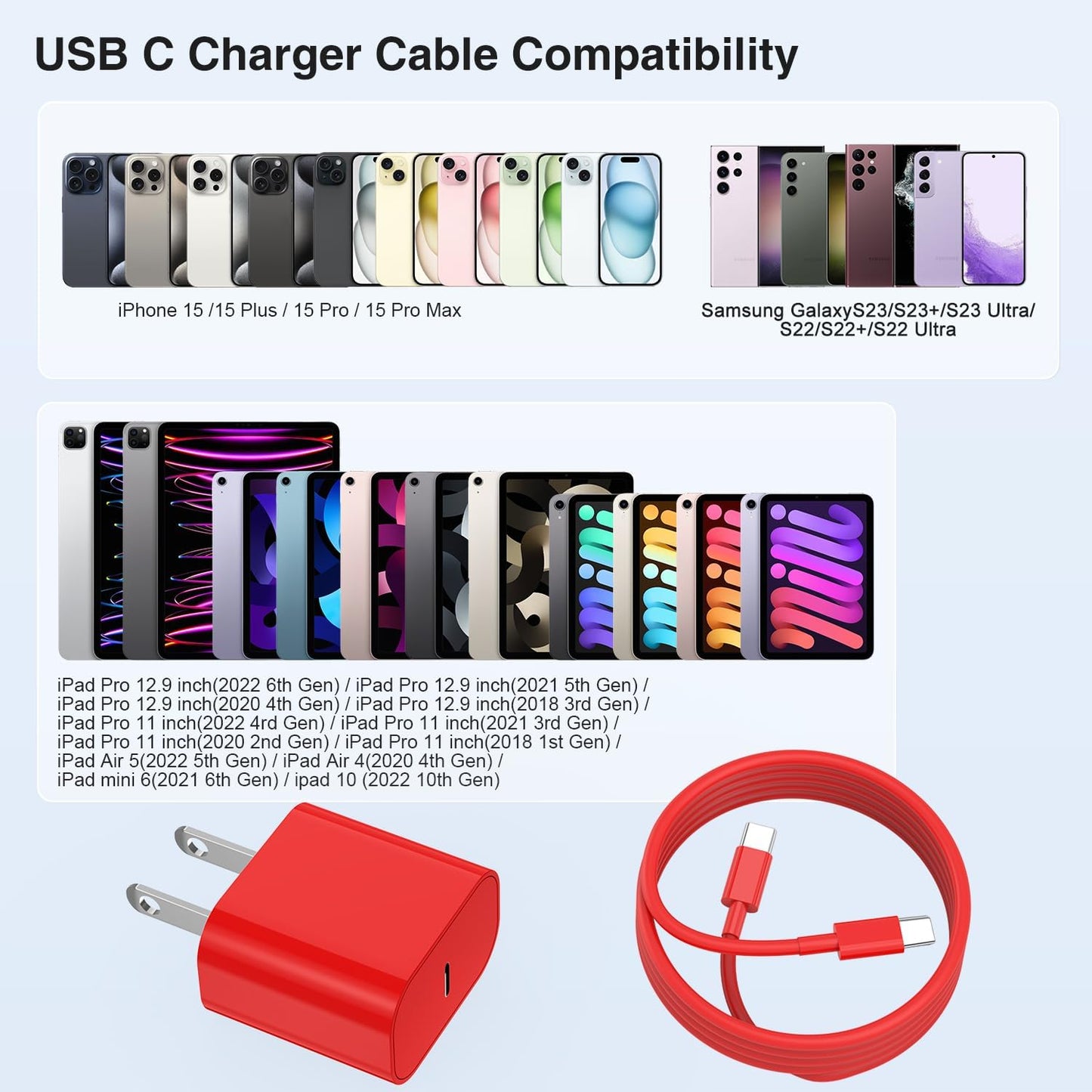iPhone 16 15 Fast Charger 10ft, USB C Charging Block and Long Type C to C Cable Cord, Wall Plug Power Adapter Cube Brick for Apple 16 Pro Max/16 Pro/15 Plus/15 Pro Max/iPad 12.9/11 inch/Air/Mini-Red