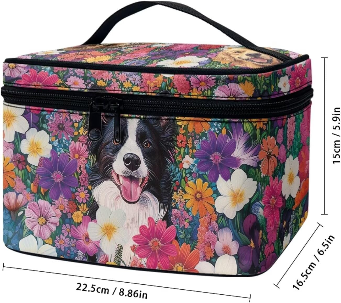 JoyLamoria Collie and Flower Cosmetic Bag Outdoor Travel Makeup Bag Cute Cosmetic Wallet Coin Purse for Teens