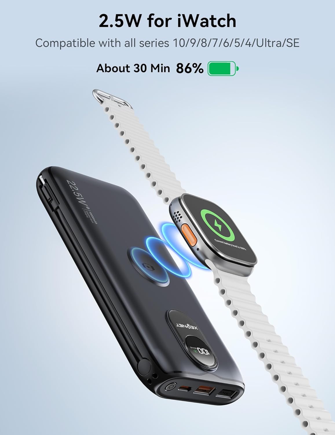 Portable Charger, 10000mAh 22.5W Fast Charging Power Bank with Built in Cable & Wall Plug, Travel Essential Battery Pack with LED Display, External Charger for iPhone, iWatch 11/10/9/8/Ultra/SE Black