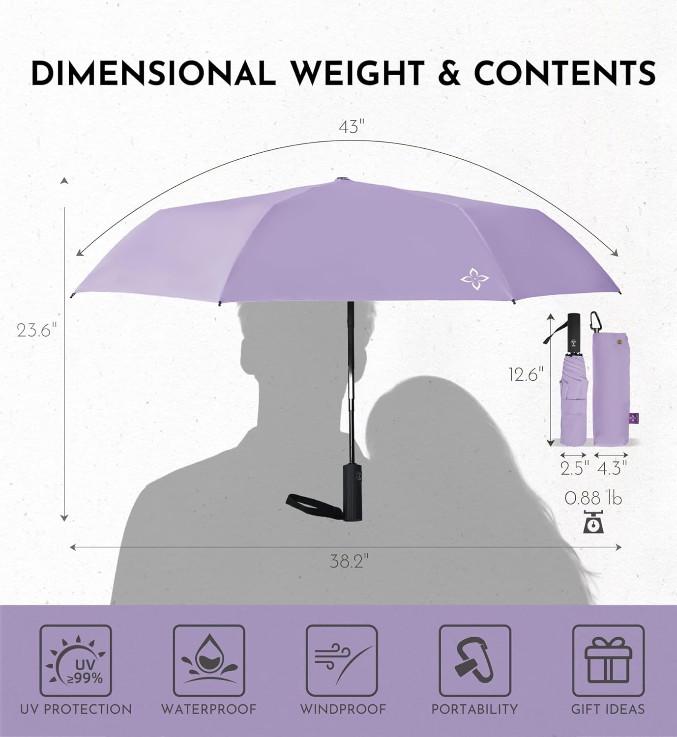 UV Travel Umbrella for Sun Protection & Rain, Compact Windproof Folding, Refined craftsmanship, Auto Open/Close, 43" Canopy with color coating, UPF 100+ UV Blocking, TSA Approved