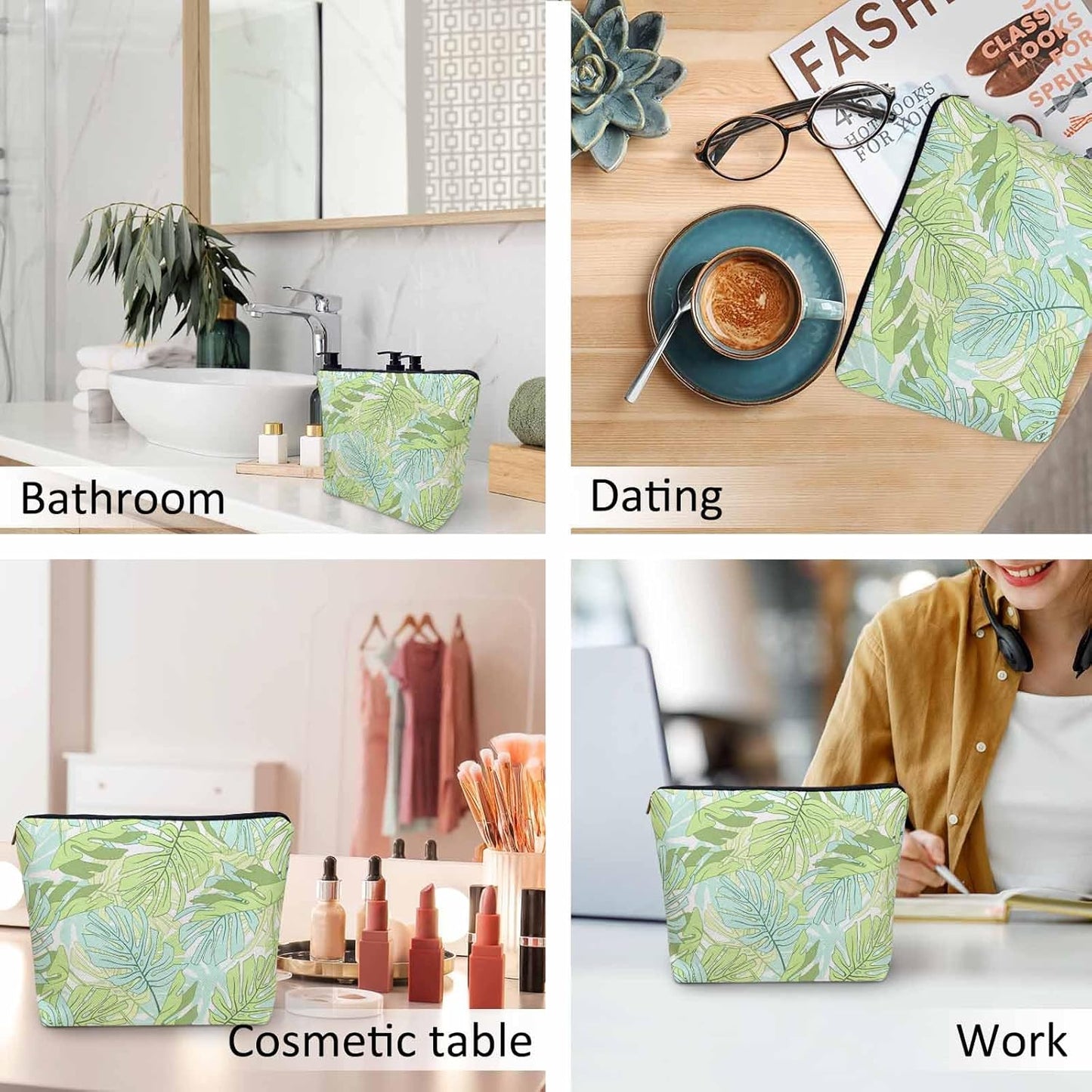 Palm Leaves Makeup Organizer Bag Cosmetic Bag For Men Women, Tropical Beach Palm Leaf Floral Travel Toiletry Bag Flax Makeup Bags Purse Business Makeup Pouch For Toiletries Cosmetics Green