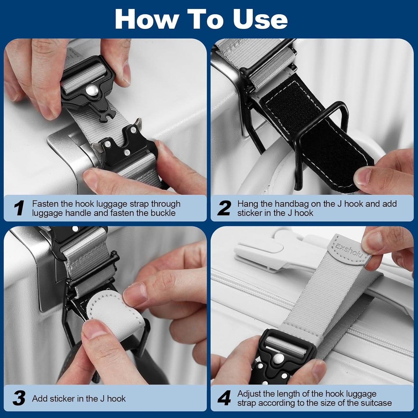 Luggage Hook Strap, J Hook for Luggage Strap Flight Attendant with Hands Free, Adjustable Travel Luggage Straps for Add a Bag Hook