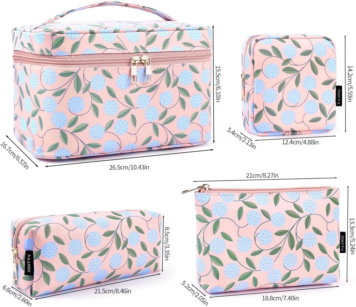 MAANGE 4PCS Makeup Bag for Women, Cosmetic Bag Set, Portable Large Travel Makeup Bag, Bolsa de Maquillaje, Impermeable Oxford Cloth Make Up Organizer with Gold Zipper(Pink Plants)
