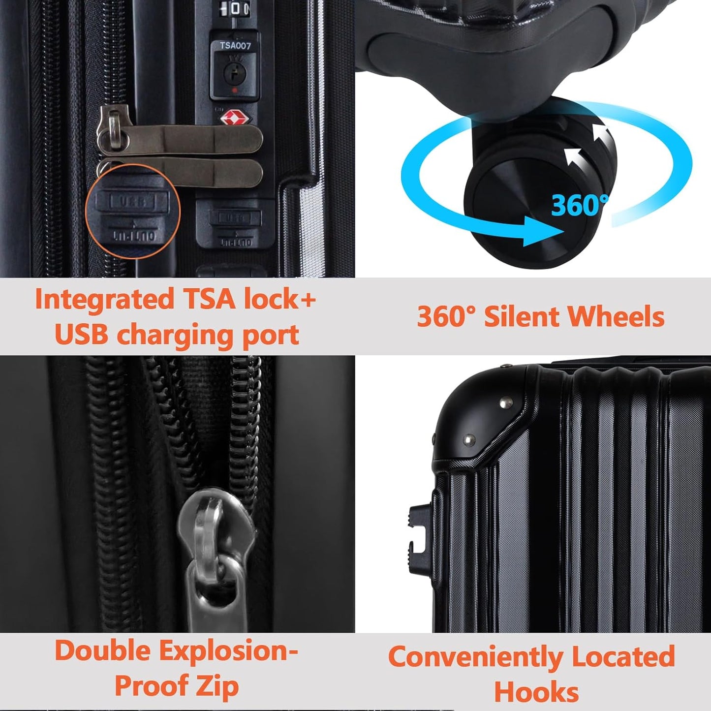 OUZZO 3-Piece Luggage Set, Hard-Shell Suitcases with USB Charging Port, 20/24/28-inch Spinner Wheels, Corner Protectors, TSA Approved, Expandable Luggage, Black
