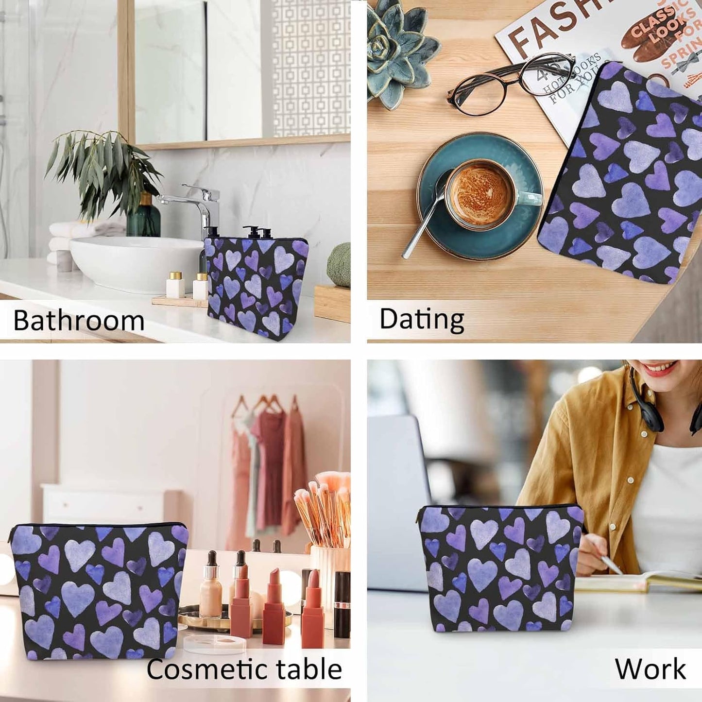 Women Makeup Organizer Bag Heart Watercolor Love Hearts Blue Purple Flax Cosmetic Bag Makeup Bags