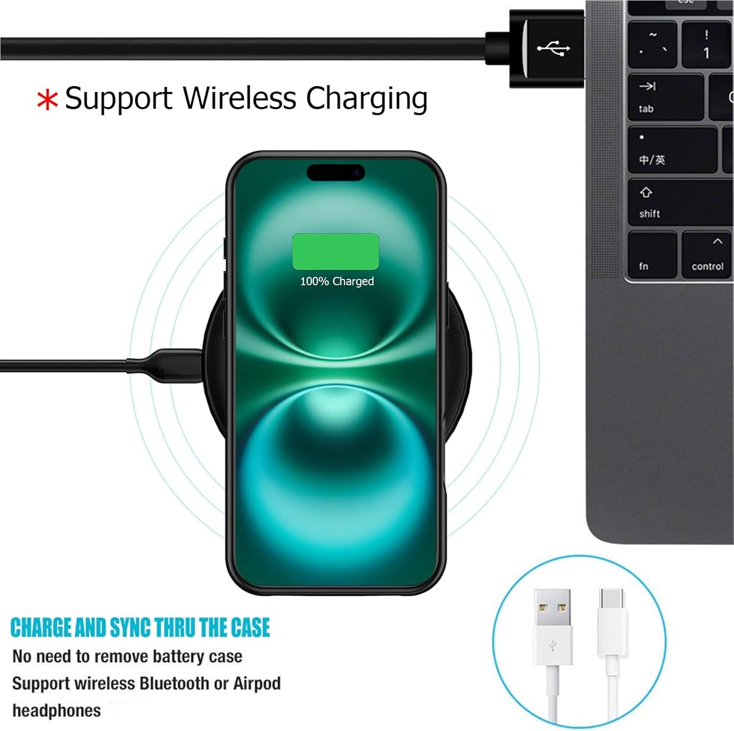 Battery Case for iPhone 16 Plus, Full Encircle 12000mAh High Capacity Rechargeable Portable Charger Case Extended Battery Pack for iPhone 16 Plus (6.7 inch) Wireless Charging Case with Carplay-Black