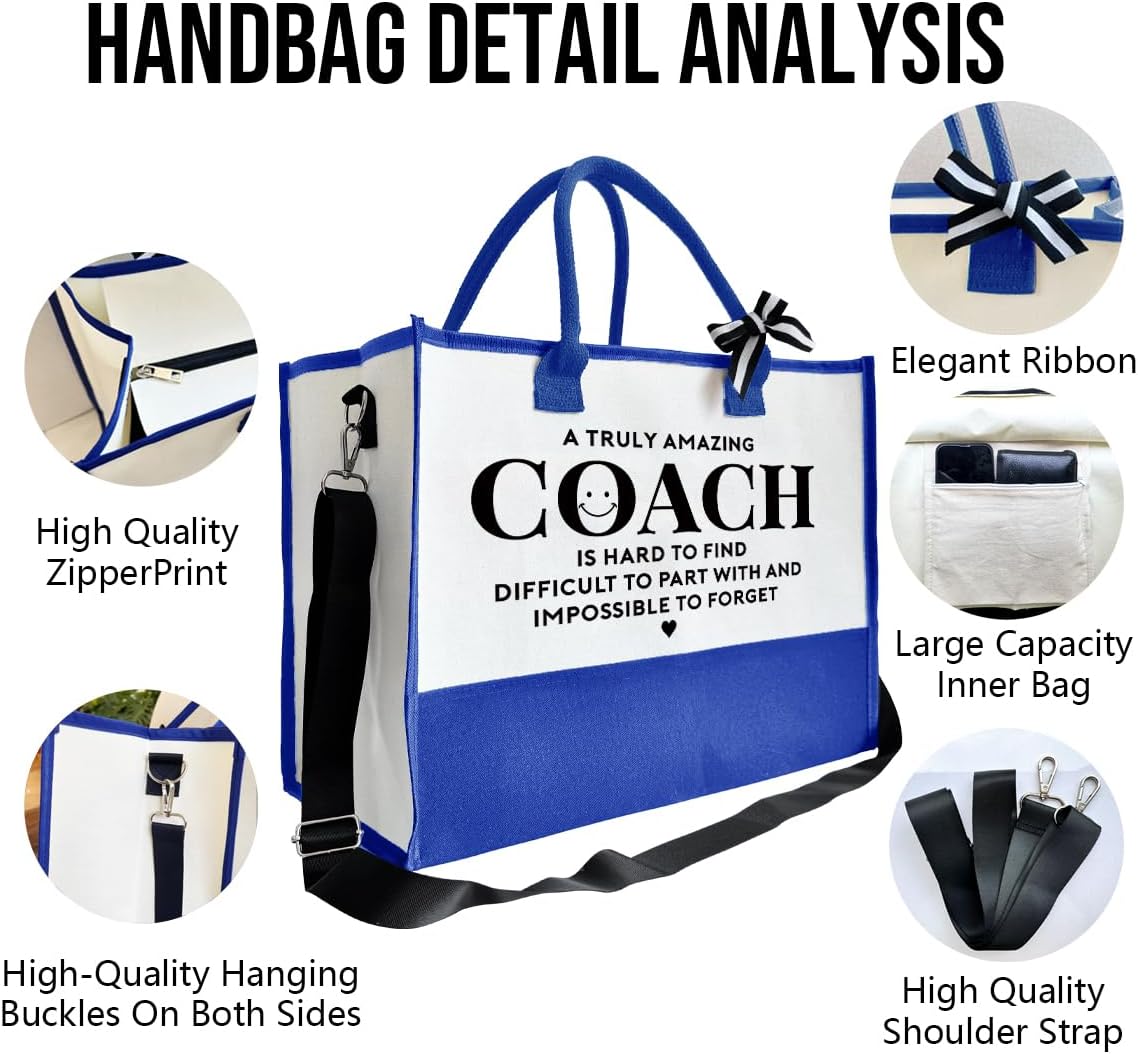 Amazing Coach Tote Bag, Women's Canvas Handbags, Shoulder Beach Bag, Thank You Gift for Female Coach, Gifts for Female Coaches, Canvas Tote Bag With Zipper, Makeup Bag G1