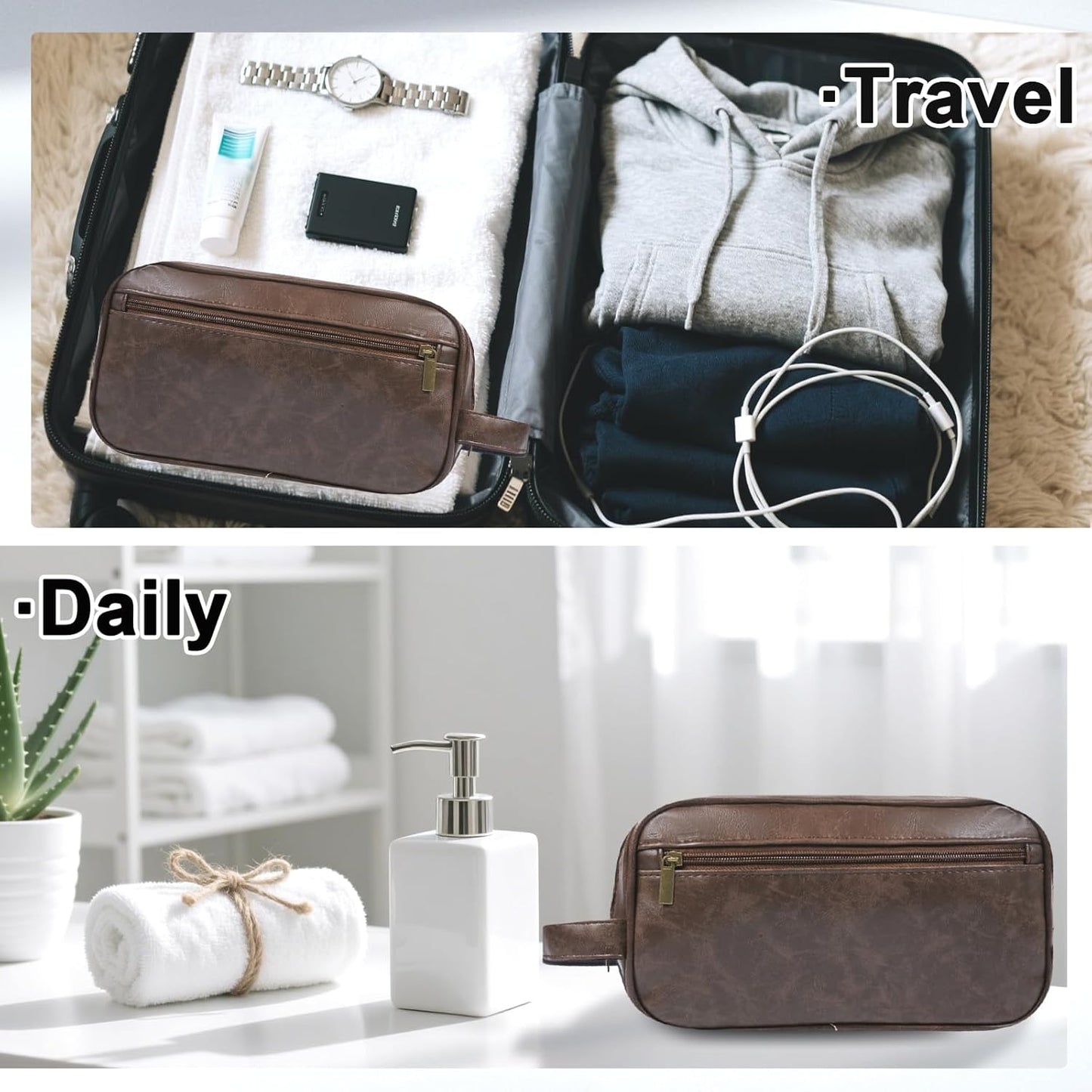 Mens travel toiletry bag, Gift For Men,PU Leather Water Resistant Cosmetic Bag Dopp Kit Shaving Pouch with Large Capacity for Toiletries Accessories(Coffee)