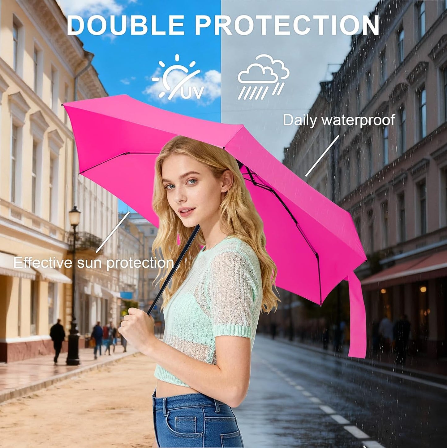 LEAGERA Compact Travel Umbrella with Case - Mini Umbrella for Purse, Small Lightweight &Tiny Design Perfect for Parasol Outdoor Sun&Rain Umbrellas