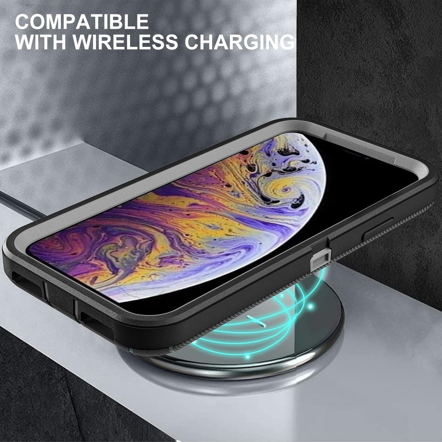 for iPhone Xs Max Case, Military Grade 3 in 1 Heavy Duty Shockproof/Drop Proof/Dust Proof Case with 2Pcs Tempered Glass Screen Protector (Black/Grey)
