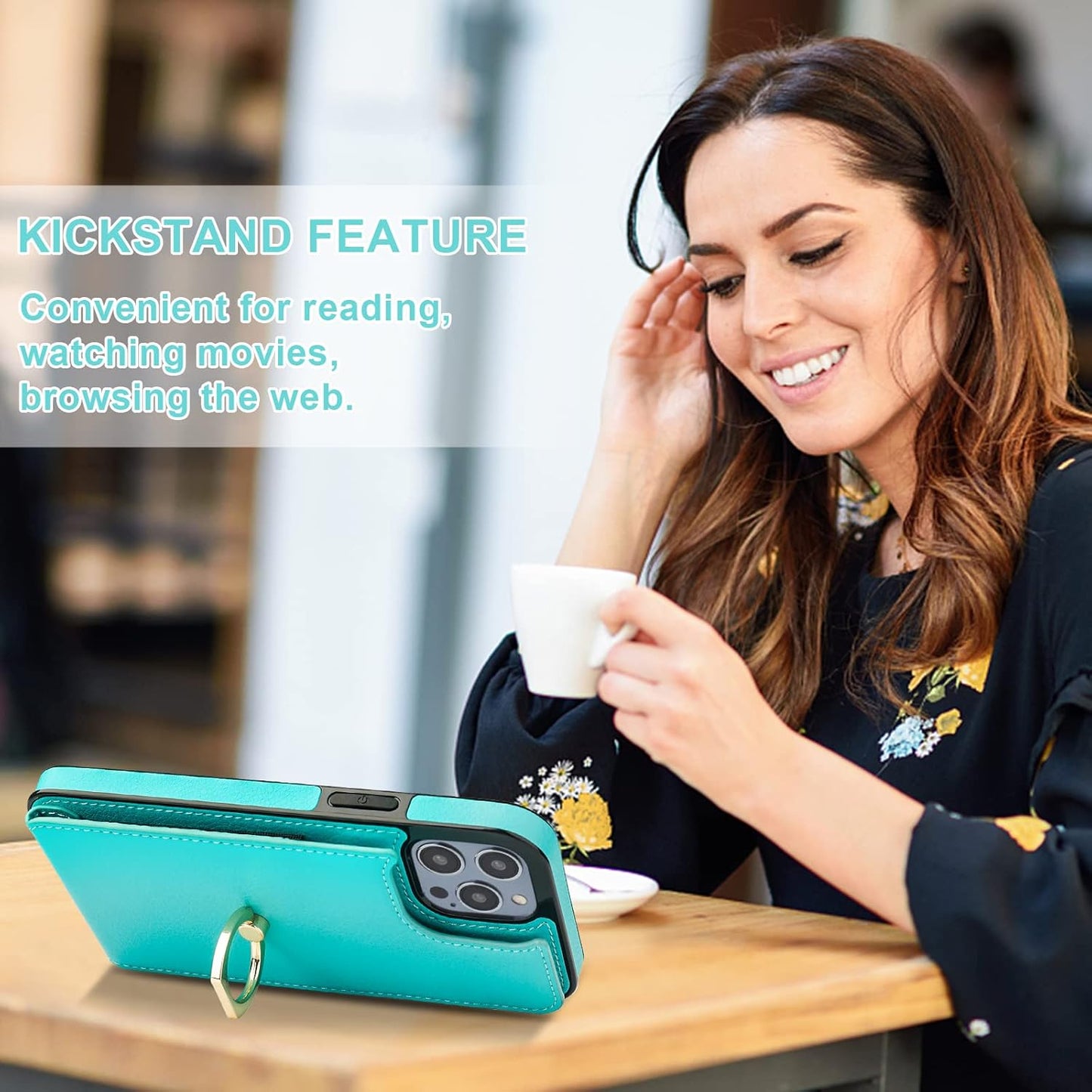 Folosu Compatible with iPhone 14 Pro Max Case Wallet with Card Holder, 360°Rotation Finger Ring Holder Kickstand, RFID Blocking Leather Protective Double Buttons Shockproof Cover 6.7 Inch Green