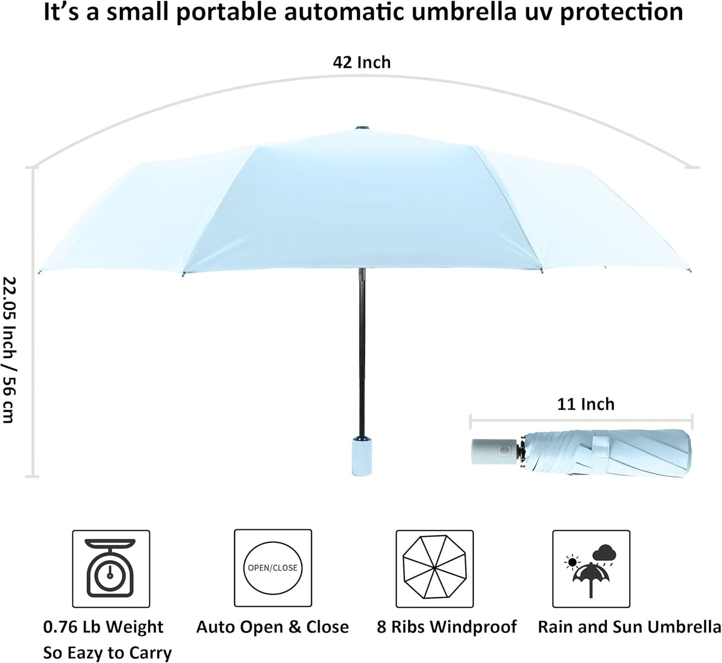 BAODINI Small UV Protection Travel Umbrella Compact for Rain and Sun UPF 50+ Windproof Portable 42 inch Umbrella for Women and Men
