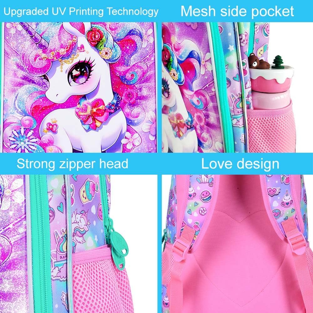 3Pcs Unicorn Backpack for Girls, 16" Kids Bookbag with Lunch Box, School Backpacks Set for Elementary Preschool Kindergarten(Pink)