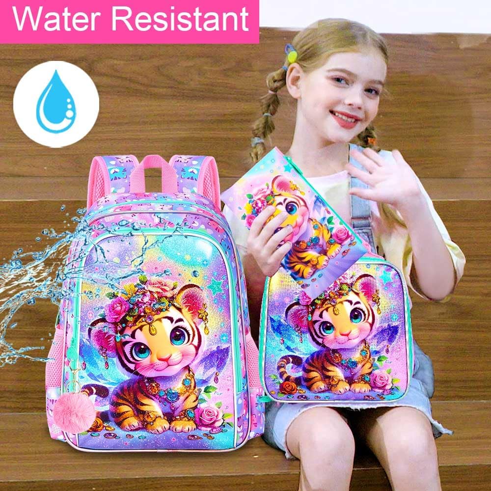 3Pcs Backpack for Girls, 16" Kids Bookbag with Lunch Box,Tiger School Backpacks for Elementary Preschool Kindergarten (Pink)