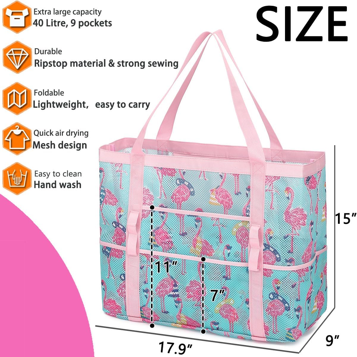 Mesh Beach Bag, Large Beach Tote with Zipper Pocket for Family Pool Bag for Toys & Vacation