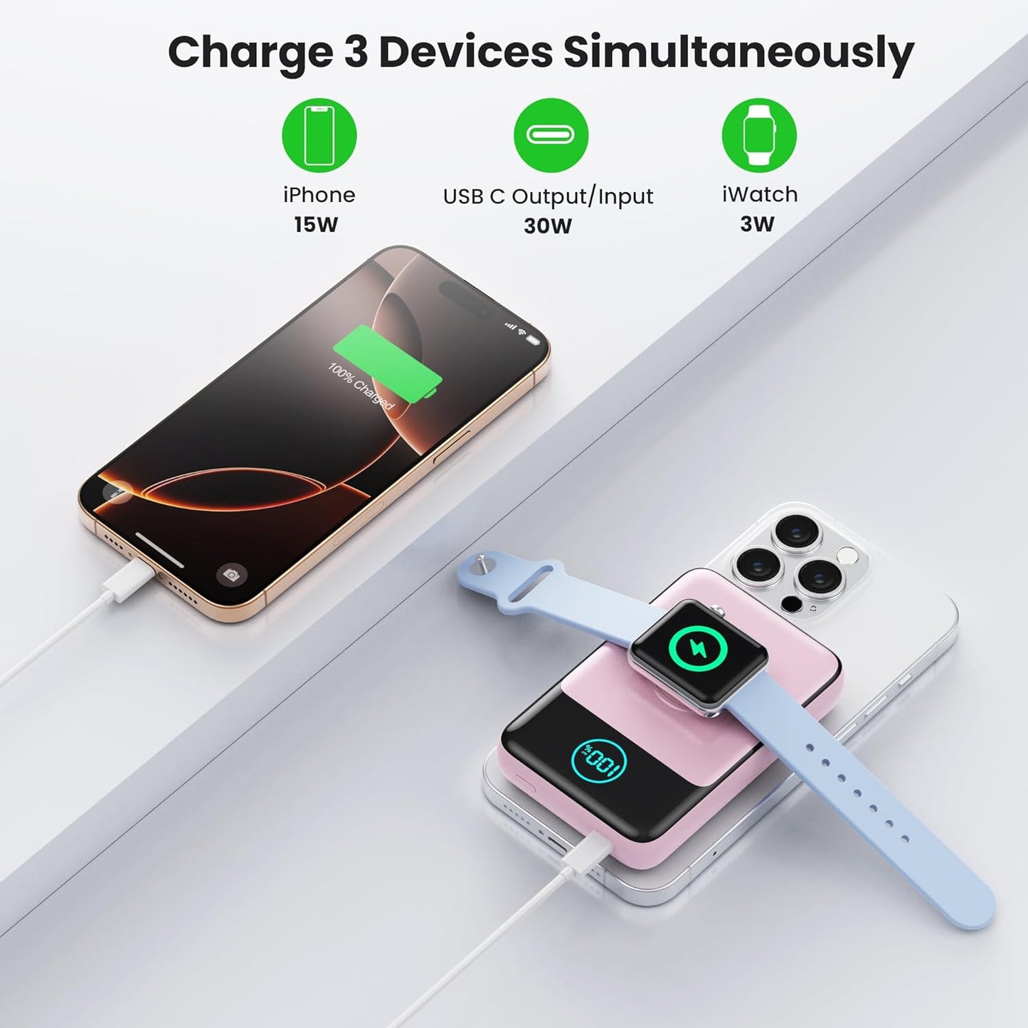 Magnetic Portable Charger for iPhone, 10800mAh Qi2 15W Wireless Power Bank with iWatch Charger,30W PD Fast Charging USB-C Travel Essentials Battery Pack for Magsafe,iPhone 17/16/15/14/13, Apple Watch
