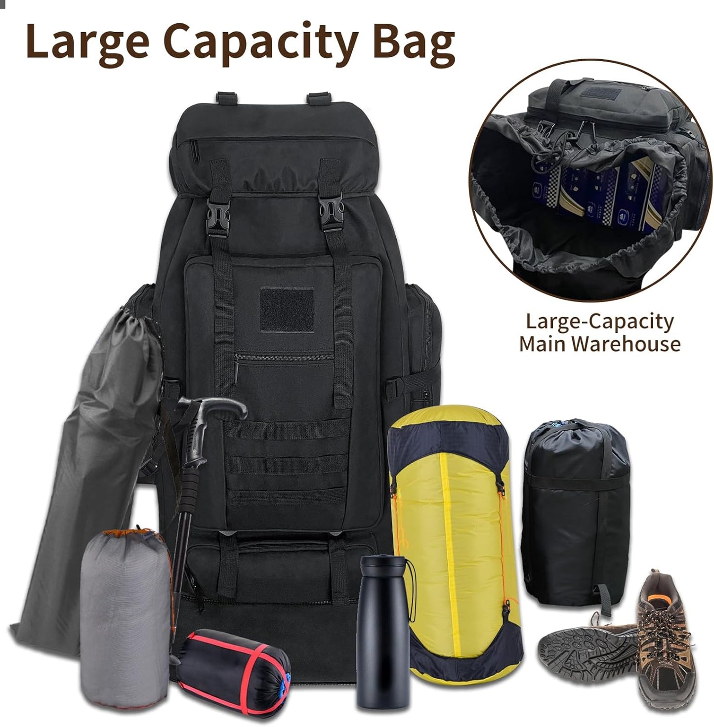 Hiking Backpack, 100L Large Camping Backpack, Expandable Waterproof MOLLE Rucksack, Outdoor Sport Travel Daypack Military Tactical Back pack for Men Women (Black)