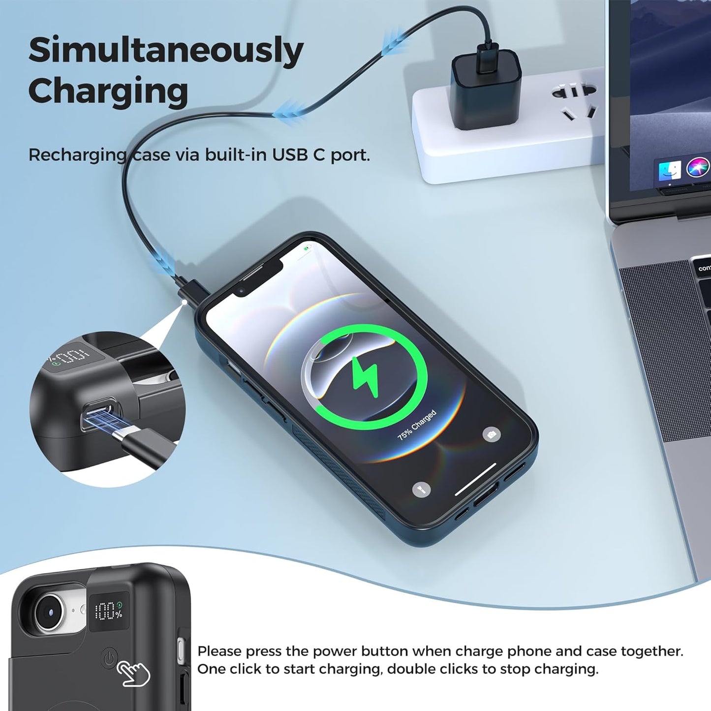 Mavulo Battery Case for iPhone 16e, 8000mAh Portable Power Bank USB-C Fast Charging, Fast Charger, Protective Rechargeable Charger Case for iPhone 16e 6.3", Black