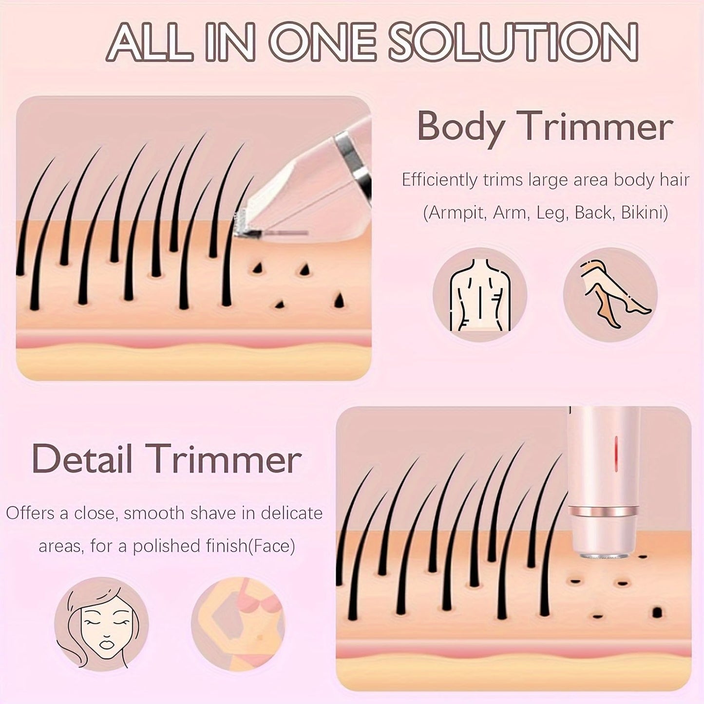 Electric Razor for Women, Rechargeable Hair Remover, Portable and Safe Lady Razor, 2 in 1 Double-Headed Waterproof Wet and Dry, Electric Bikini Trimmer for Women (Pink-1pcs)
