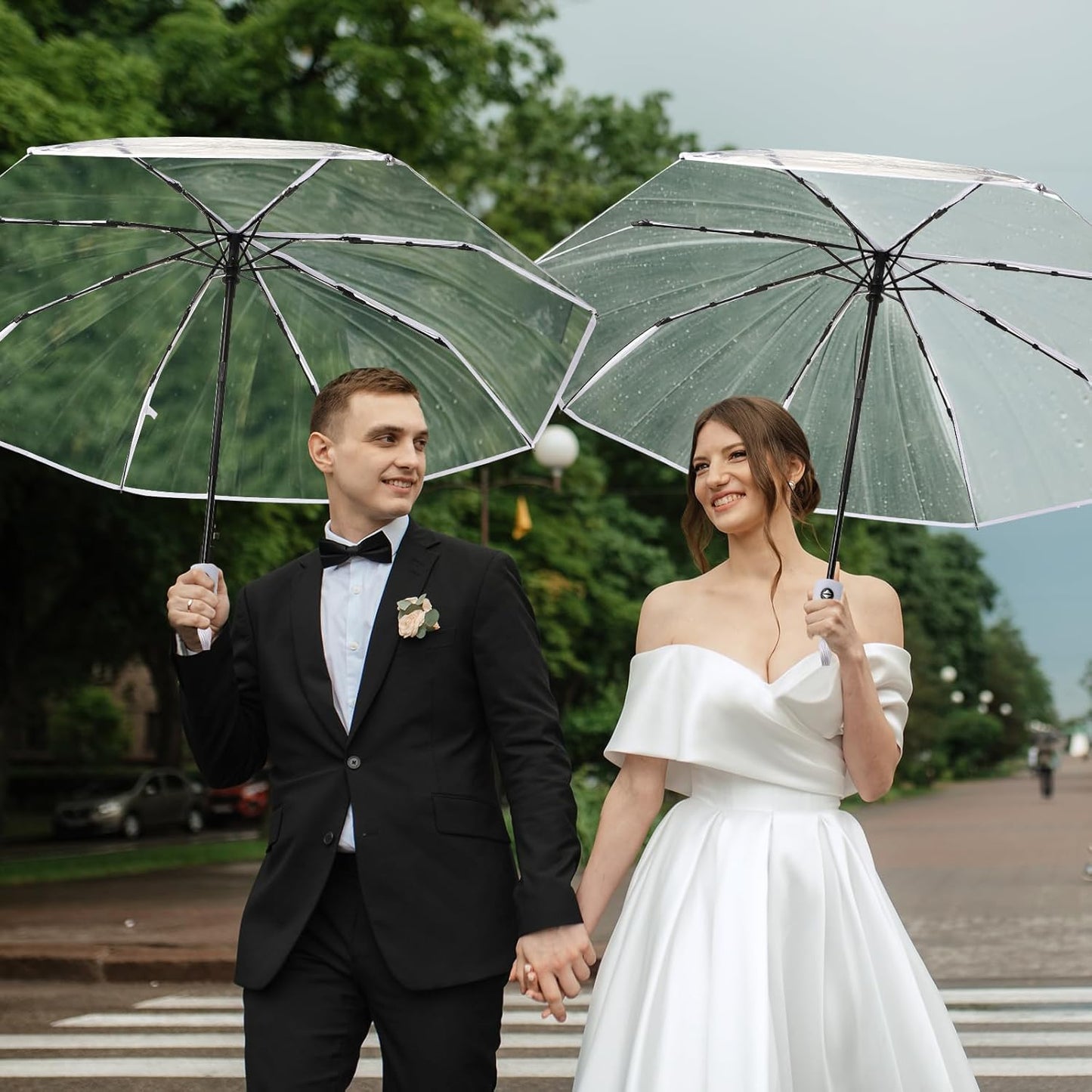30pcs Clear Umbrellas 42 Inch Foldable Lightweight Transparent Umbrella Automatic Open Close Transparent Travel Umbrella for Women and Men for Rain Outdoor Wedding