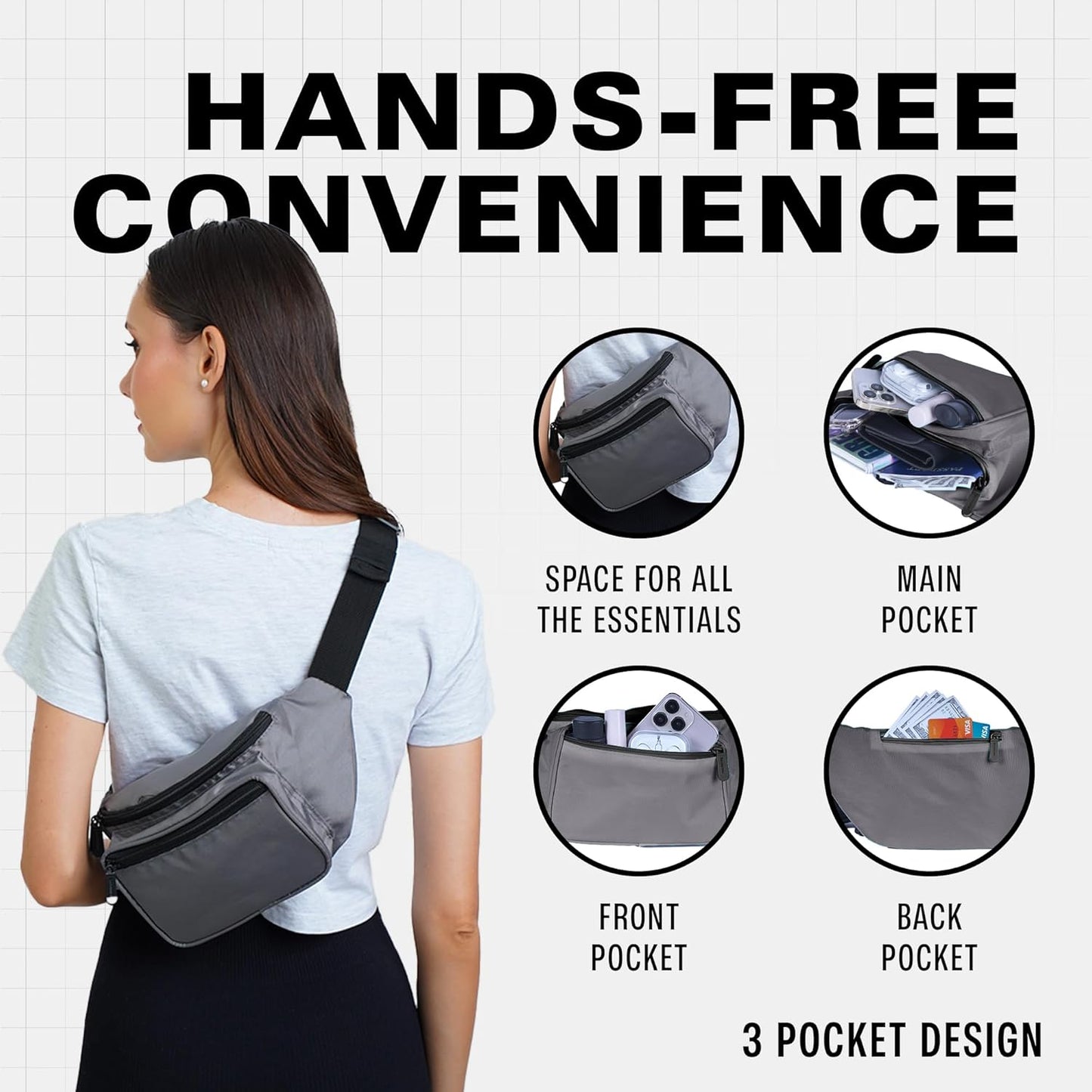 Gray Fanny Pack Belt bag - Crossbody Waist Bag for Men or Women - Hands-Free, Waterproof Large Bumbag for Hiking, Running, and Travel