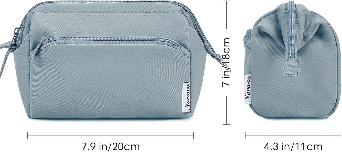 Narwey Wide-open Makeup Bag Women Make up Bag Travel Cosmetic Bag Organizer Toiletry Bag for Cosmetics Toiletries Accessories (Greyish Blue)