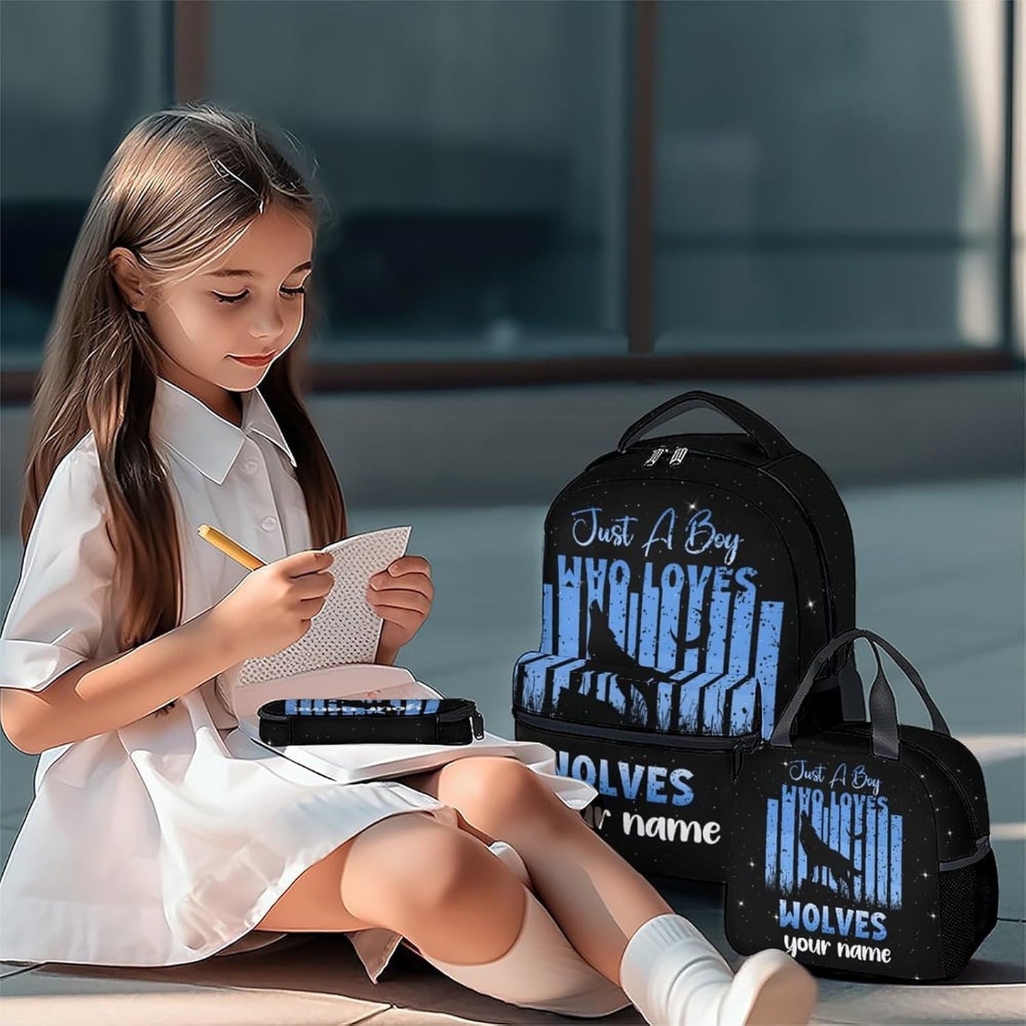 UNIKITTY Personalized Kids Backpack Set with Lunch Box, Wolf Backpack for Boys, Black Cool Large Capacity Bookbag with Adjustable Straps, 17" School Backpack for Kids Children Preschool