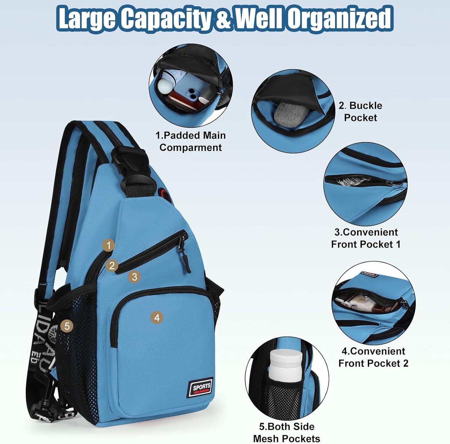 Sling Bag for Women Man Sling Backpack with Convertible Shoulder Strap Casual Backpack Daypack for Travel, Hiking and Daily Commute, (Blue, Small)