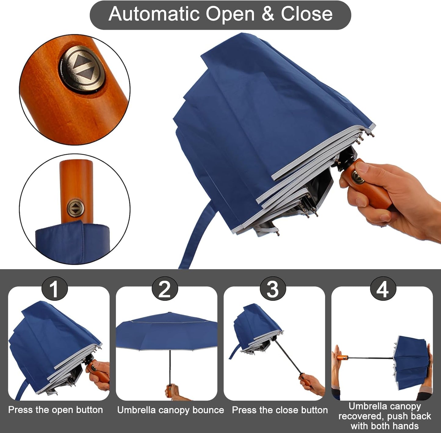 Satol Extra Large Golf Umbrella, 46/54/62 Inch Windproof 10 Ribs Vented Double Canopy Reflective Strips Automatic Open/Close Waterproof UV Protection Portable Compact Umbrella for Outdoor & Travel