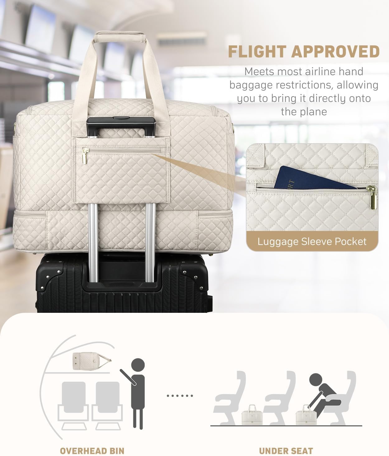 Duffle Bag for Travel, Weekender Bag with Shoe Compartment, Carry On Overnight Bag for Women with Toiletry Bag Duffel Bags with Wet Pocket for Gym Hospital Bags for Labor and Delivery Beige