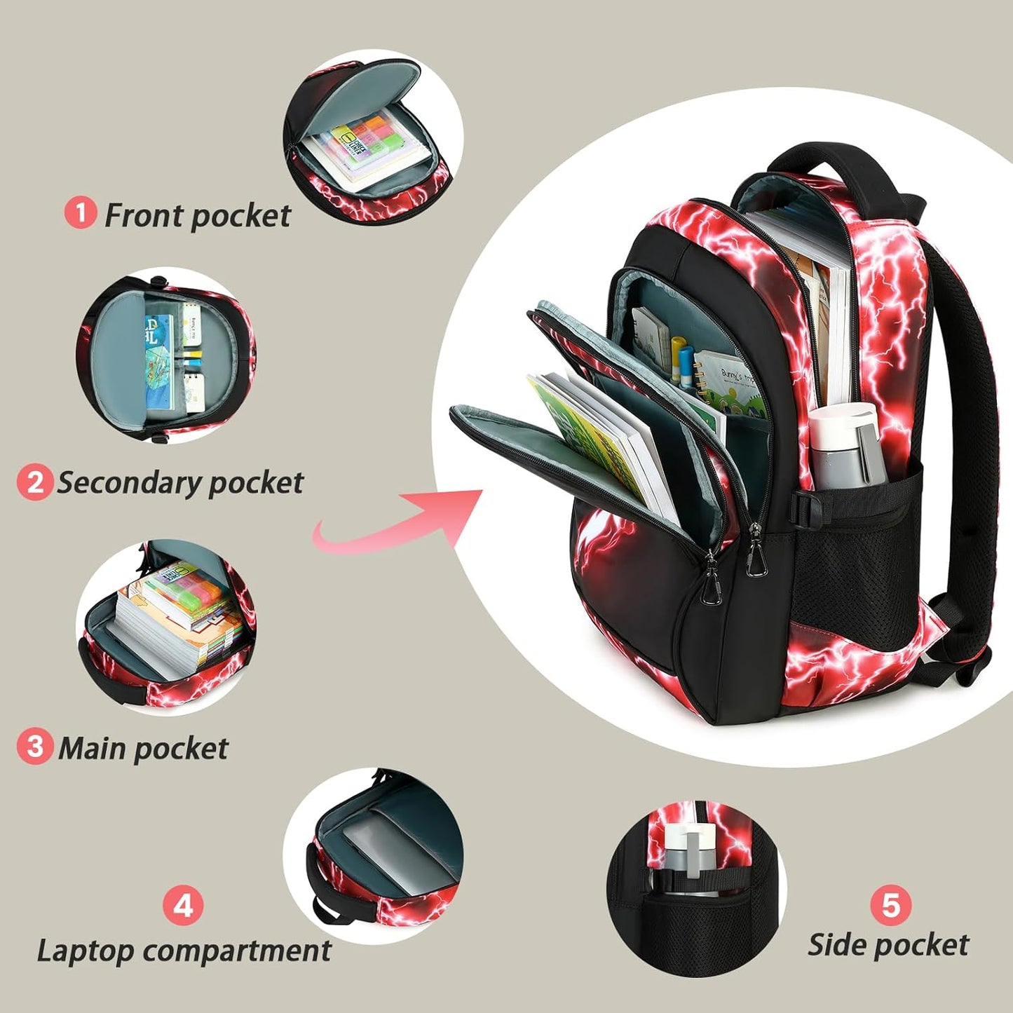 Boys Backpack for Kids Elementary School Bags Lightning Teens Durable Bookbag (red)