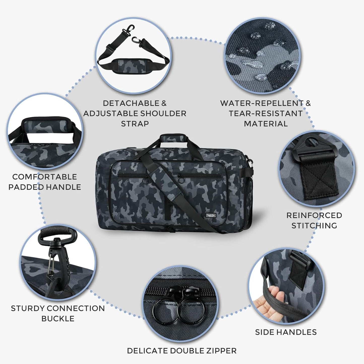 Fmeida 65L Duffle Bag with Shoes Compartment, Foldable Travel Duffel Bags for Men Women, Large Packable Travel Bag Water Repellent & Tear Resistant (BlackCamo)