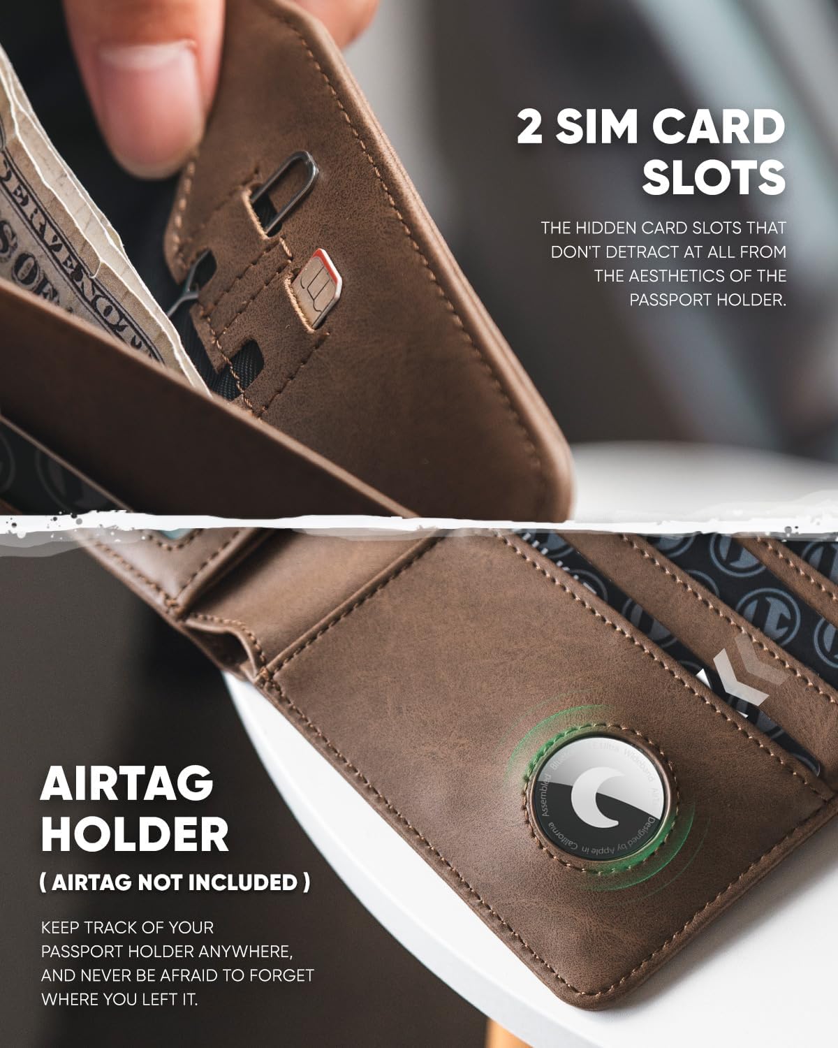 Real Leather Wallet Airtag Compatible RFID Bifold Travel Card Holder Black (Espresso)