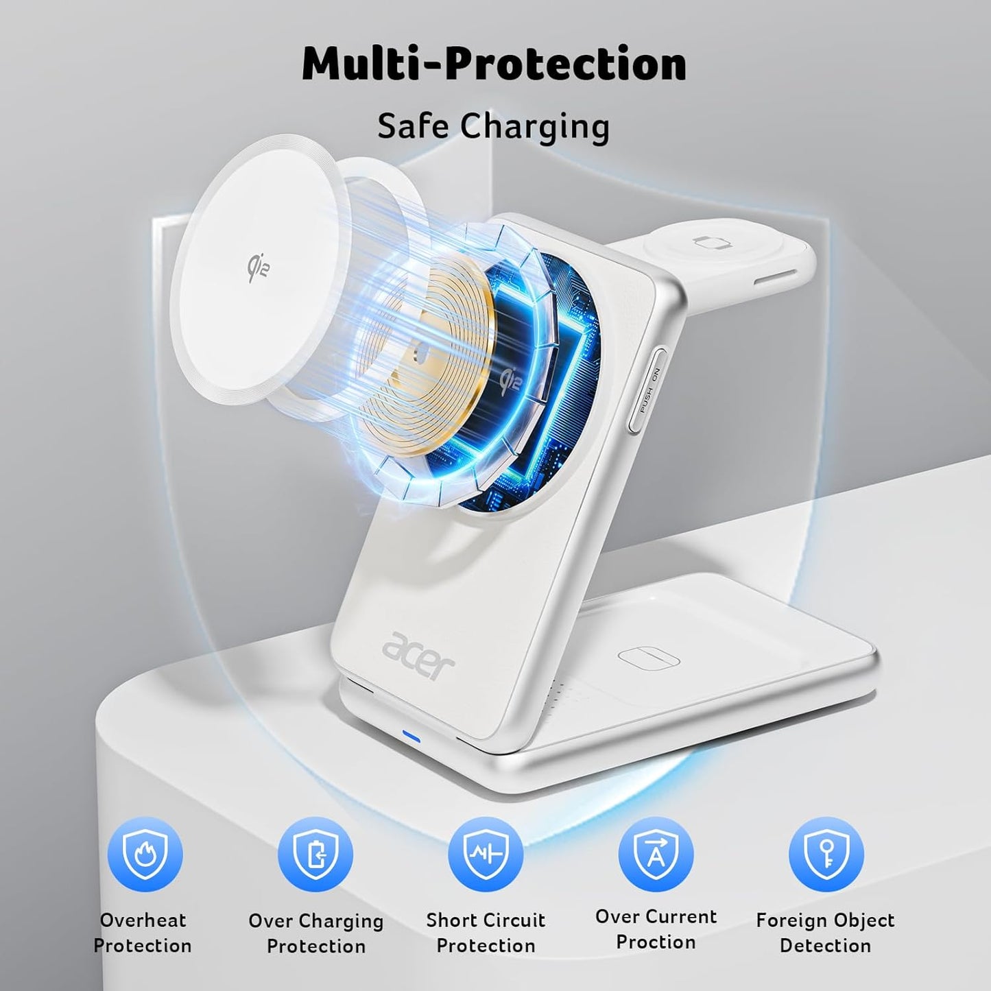 Acer 3 in 1 Charging Station for iPhone, Wireless Charger Stand,15W Fast MagSafe Charger for iPhone 17 16 15 14 13 12 Series-Apple Watch 10 9 8 7 6 5 4 3 2 SE and Ultra Series-Airpods 4 3 2 Pro Series