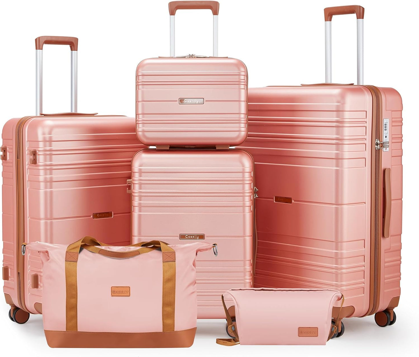 Luggage Sets 6 Piece with Spinner Wheels, Lightweight Hardshell Suitcase Set with TSA Lock, Carry On Checked Luggage with Travel Bag & Toiletry Bag (Pink, 6 piece sets(14/20/24/28/DB/TB))