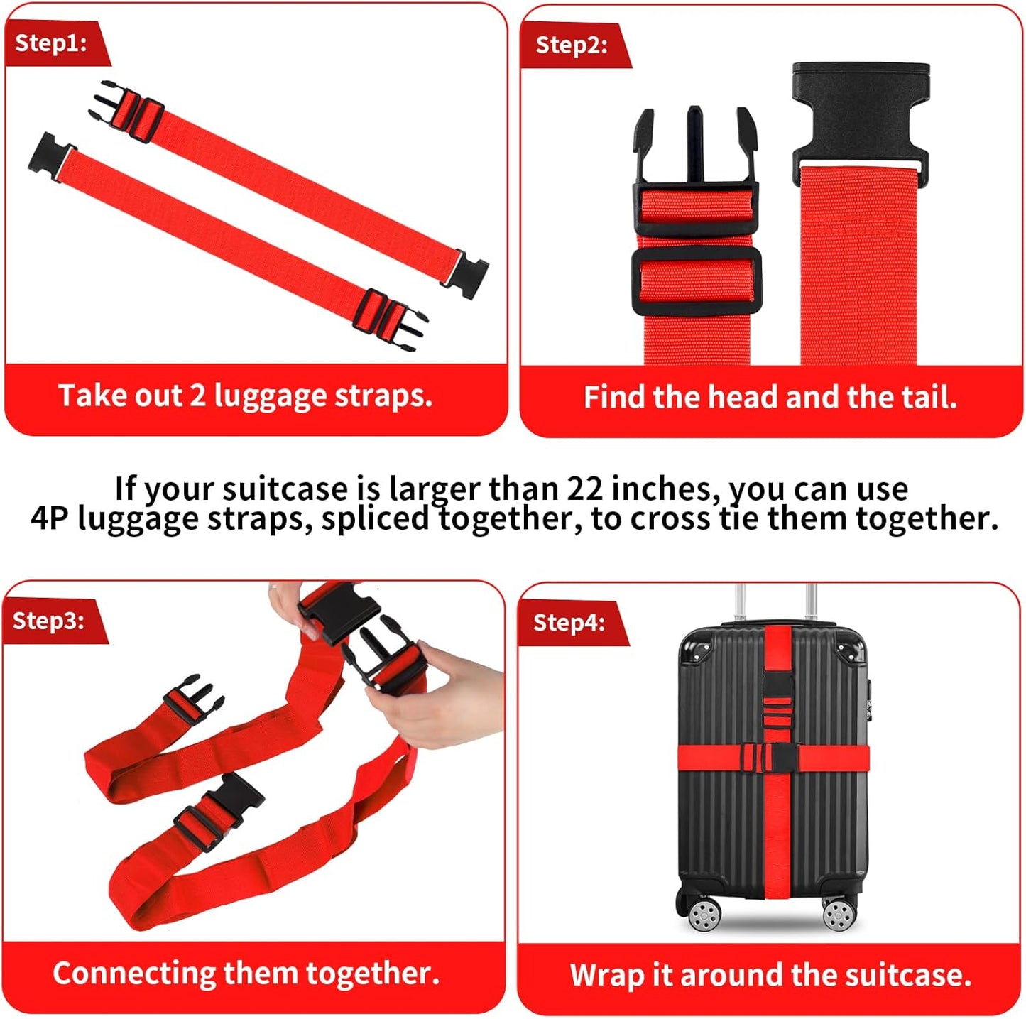 vivinin 4 Pack Luggage Straps, Luggage Belt with Buckle Closure, Adjustable Luggage Belt for Travel Bag Closure, Luggage Security (Red)