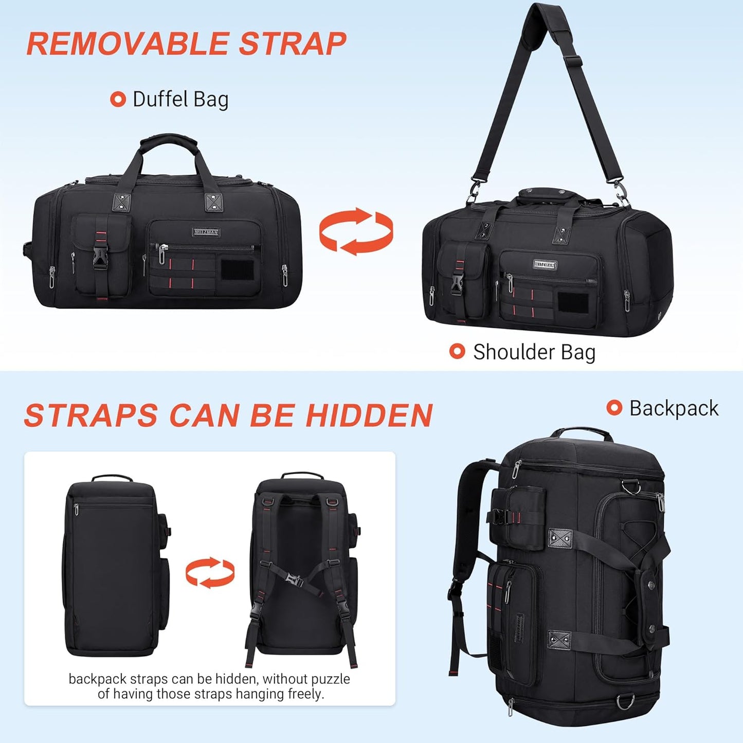 WITZMAN Travel Duffel Bags for Men Large Carry On Weekender Overnight Bag 3 in 1 Backpack with Shoe Compartment (B693 Black)