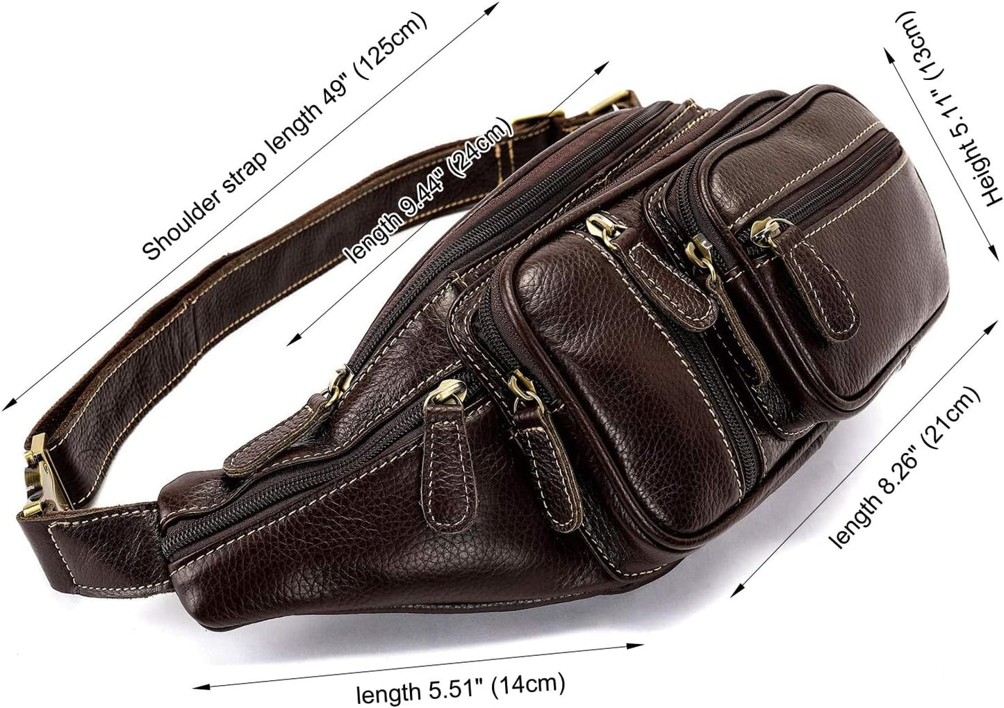 Genuine Leather Fanny Pack large capacity Crossbody Waist Bag with Zipper phone Pockets coffee