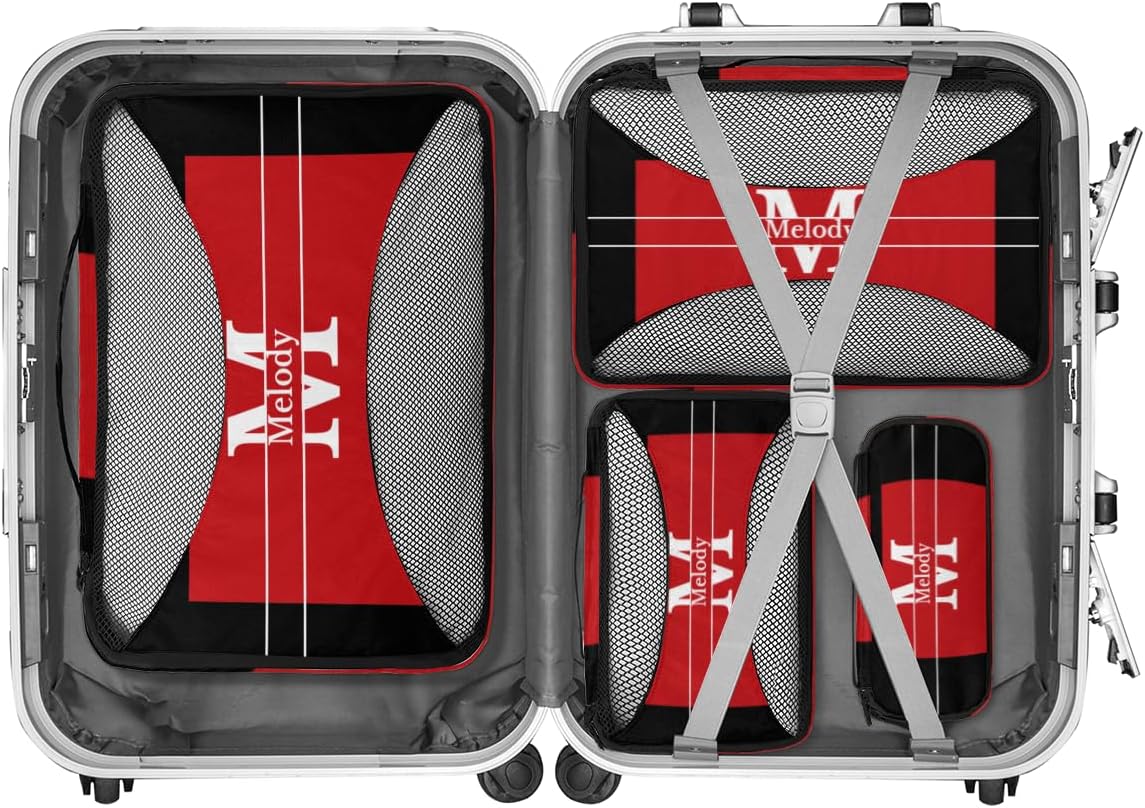 4pc Personalized Name Packing Cubes for Travel - Luggage Packing Organizers - Travel Packing Cubes for Suitcases, Red with Black, Initial Letter