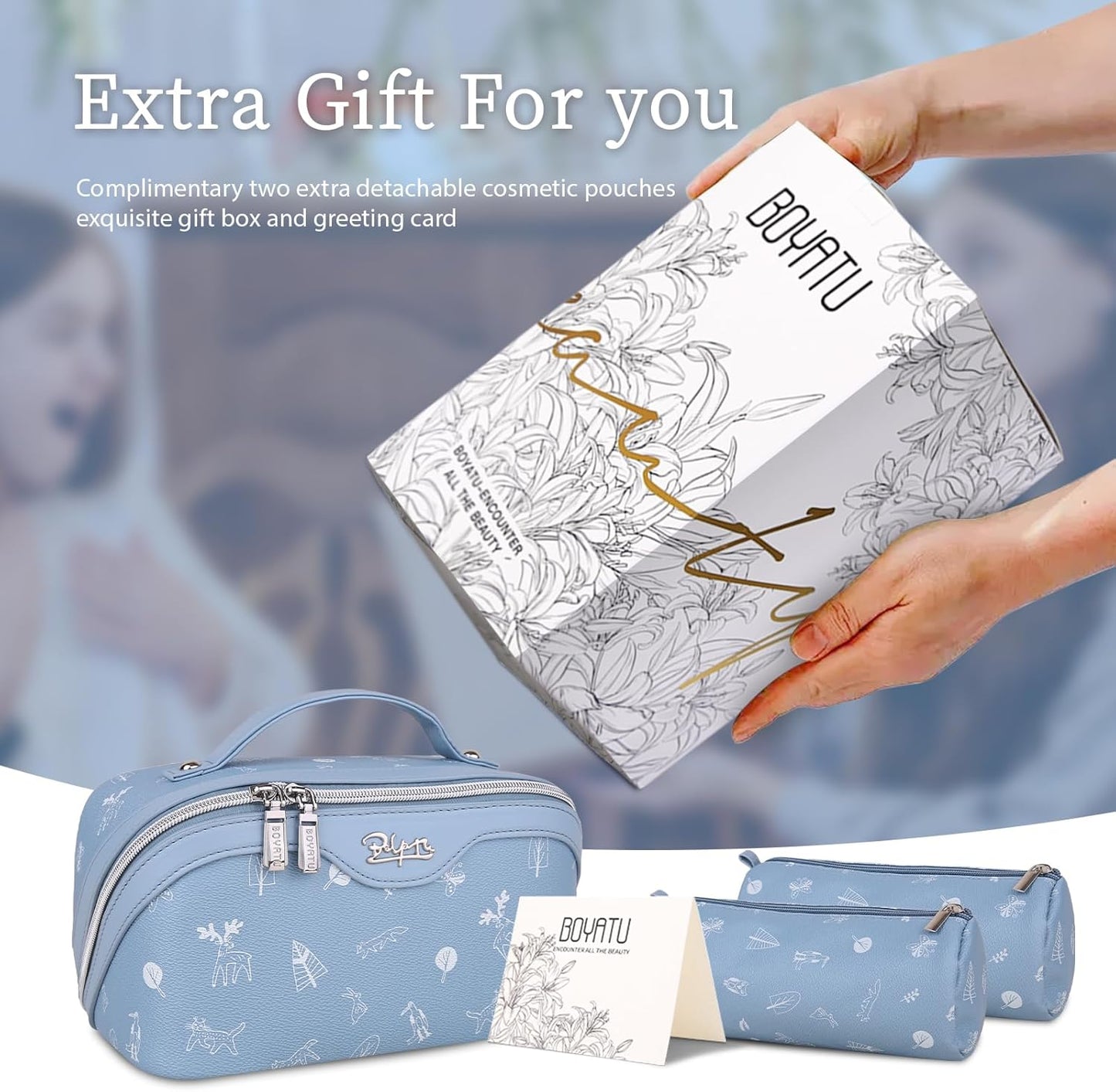 BOYATU Travel Makeup Bag Cosmetic Bags for Women: 3 Pcs Set Portable Make up Bag with Handle - PU